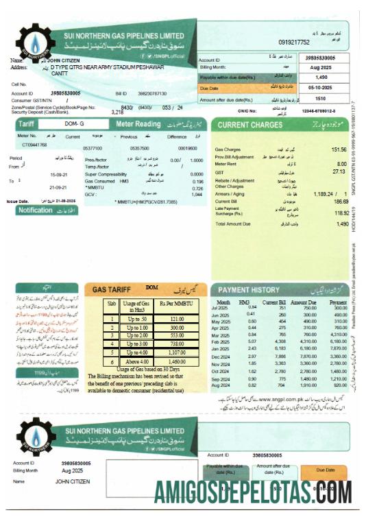 imprimível Modelo de conta de serviços públicos limitada de gasodutos do norte do Paquistão Sui em formatos Word e PDF
